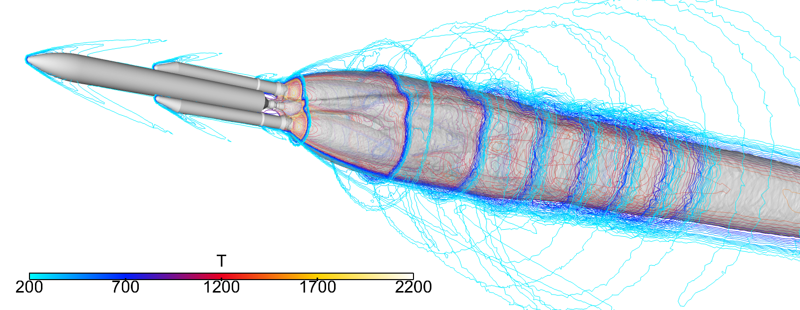 Isolines of temperature surrounding Ariane 5 and its plume. Computed by Onera using the CEDRE CFD code