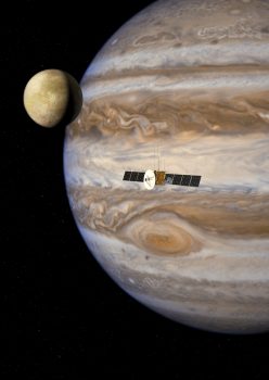 ESA’s JUICE (JUpiter ICy moons Explorer) will study moons of the Jovian system, some of which are believed to have subsurface oceans. Credits: ESA