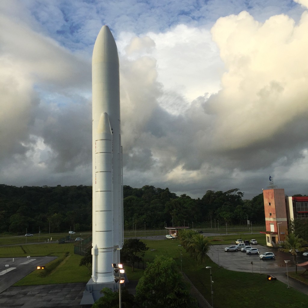 Weather variable today in Kourou. Photo shows Ariane 5 mock-up at site. (ESA)