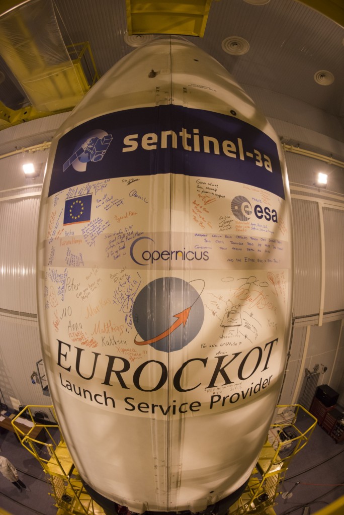 Sentinel-3A fairing sticker signed off. (ESA)