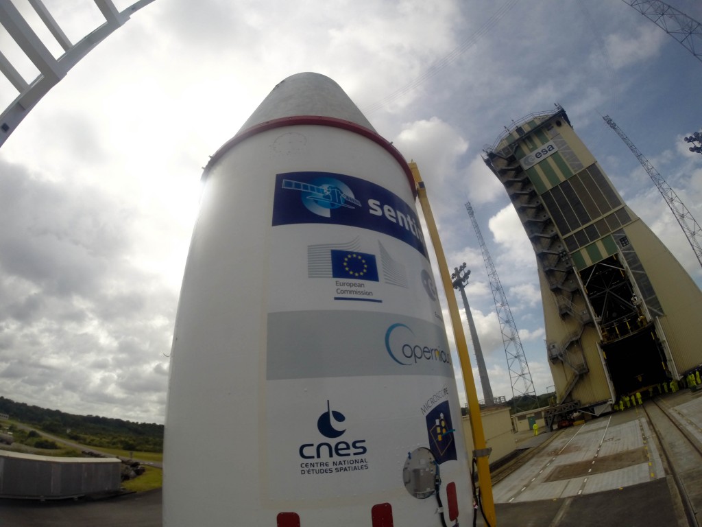 Sentinel-1B heads to launch tower Credit: ESA–Manuel Pedoussaut