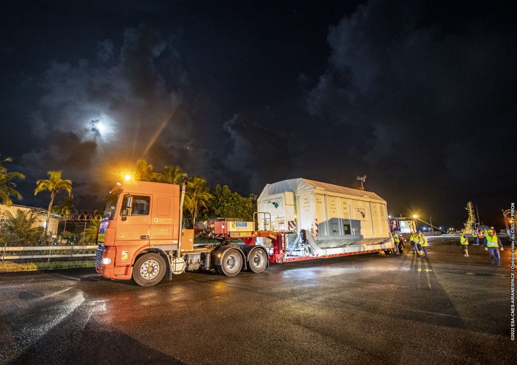 MTG-I1 transport container from Kourou harbour to the spaceport. (ESA/CNES/Arianespace)