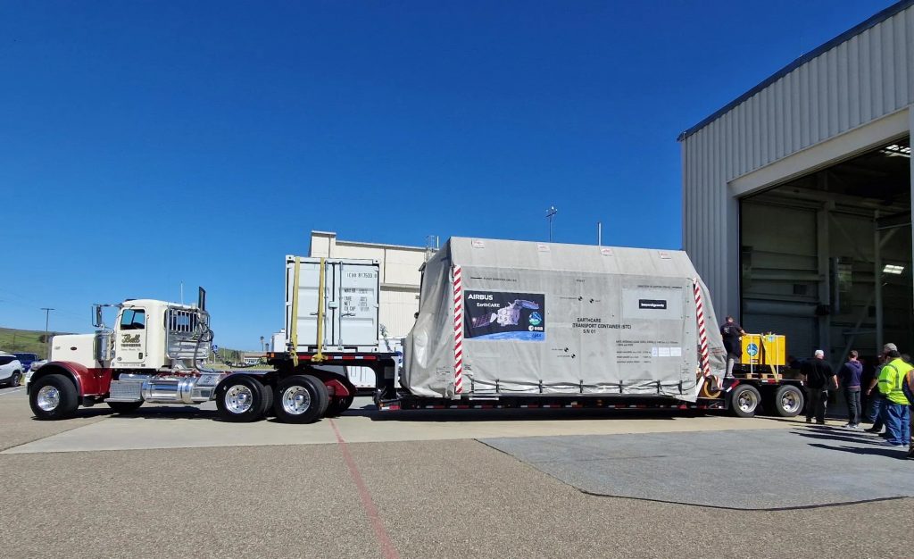 EarthCARE container being taken to the Astrotech building. (ESA)