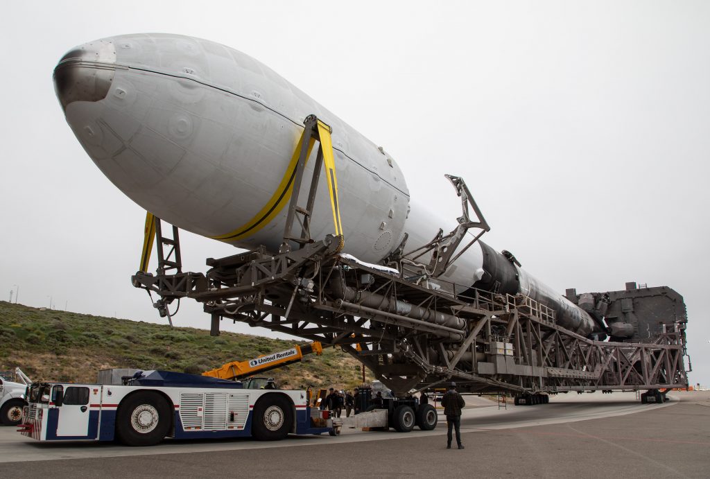 Rolling EarthCARE out to launch pad. (SpaceX)