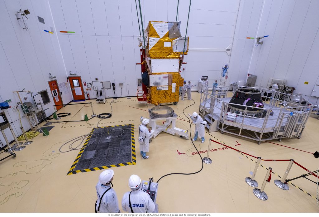 Sentinel-2C next to the Vega launch adapter. (ESA-CNES-ARIANESPACE/Optique vidéo du CSG–S. Martin)