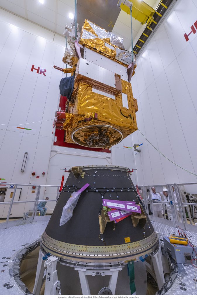 Sentinel-2C being lifted onto the Vega launch adapter. (ESA-CNES-ARIANESPACE/Optique vidéo du CSG–S. Martin)