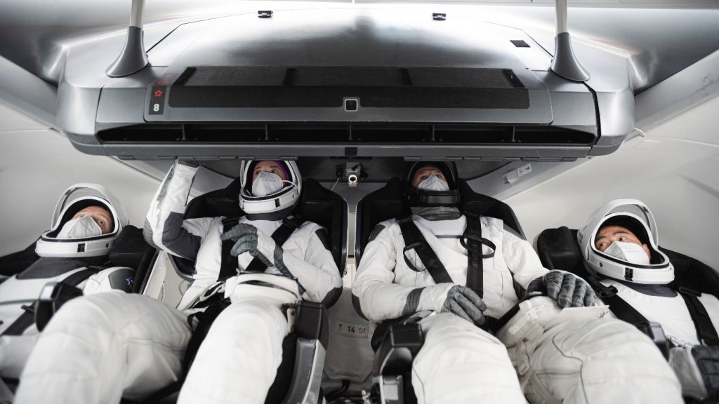 SpaceX Crew-2 in training at Hawthorne, California on 11 2021. From left: ESA astronaut Thomas Pesquet, NASA astronauts Shane Kimbrough and Megan McArthur and JAXA astronaut Akihiko Hoshide. Photo Credit: SpaceX