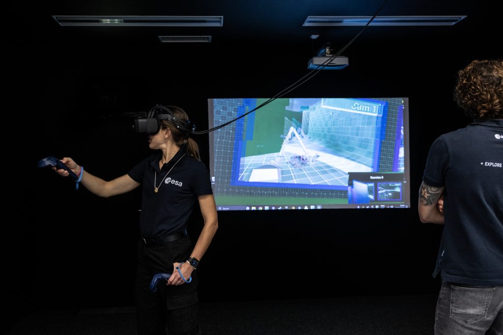 ESA astronaut candidate Sophie Adenot during a virtual reality robotics session as part of her basic astronaut training at ESA’s European Astronaut Centre. Credits: ESA