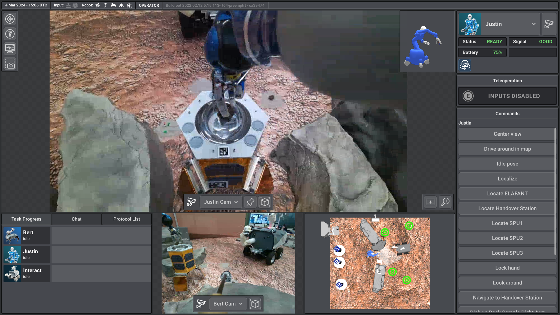 The graphical user interface that the astronaut sees during the experiment. Here, we see Justin's perspective as it picks up the rock from the handover station. From Bert's perspective below, we can see ESA's Interact rover. The interface also shows a minimap of the terrain and a command panel on the right. Credit: ESA/DLR