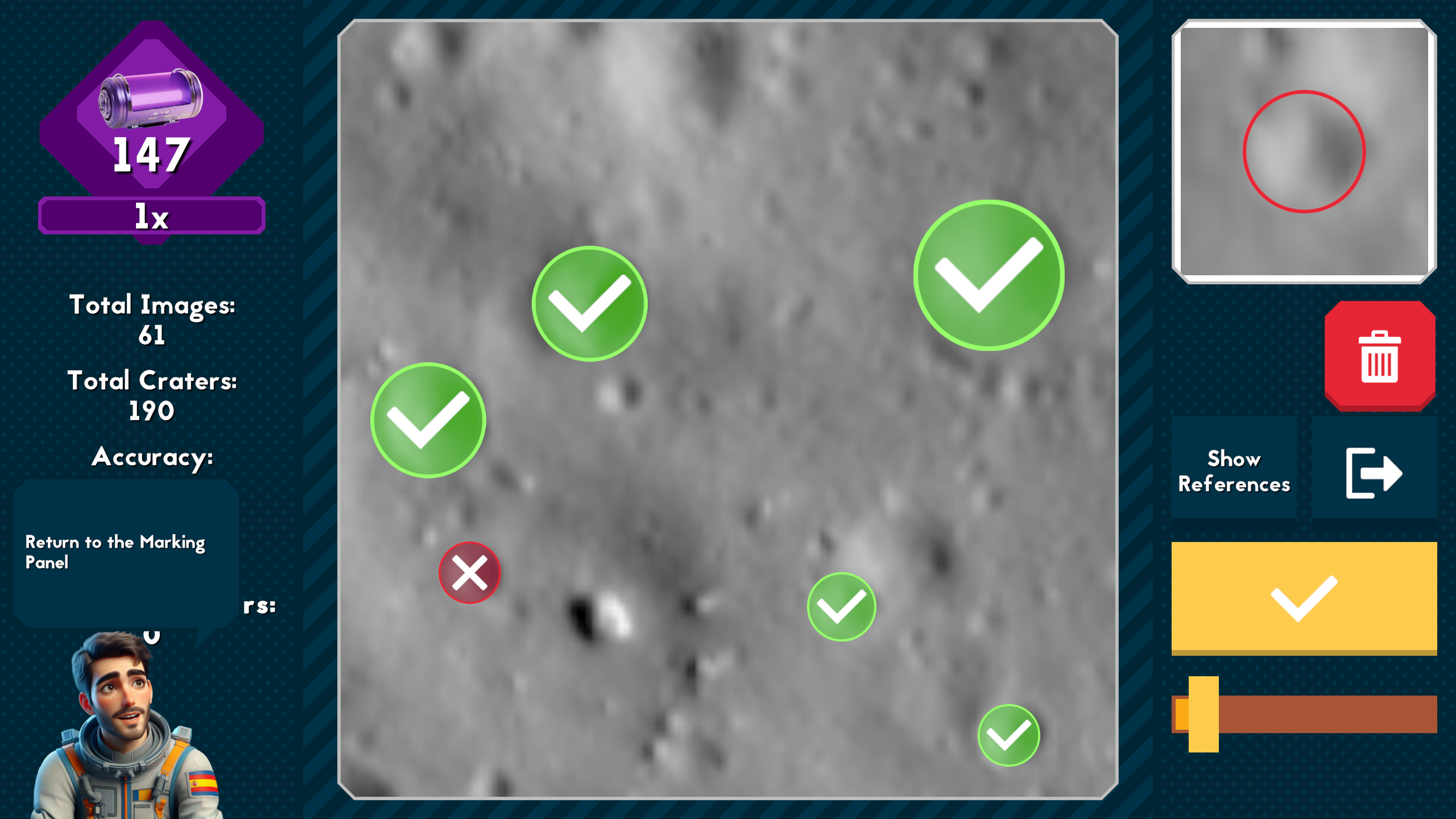 Tap on the screen to mark a crater; at the beginning the images are pre-marked and you are given a score, but as the game progresses, you’ll be marking new images. Credit: ESA/Darmstadt University of Applied Sciences.