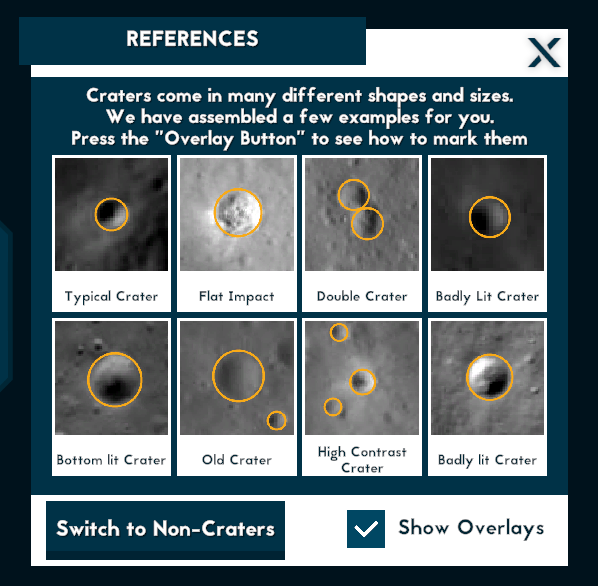 The start of the game includes a tutorial showing you how to mark craters. Credit: ESA/Darmstadt University of Applied Sciences.