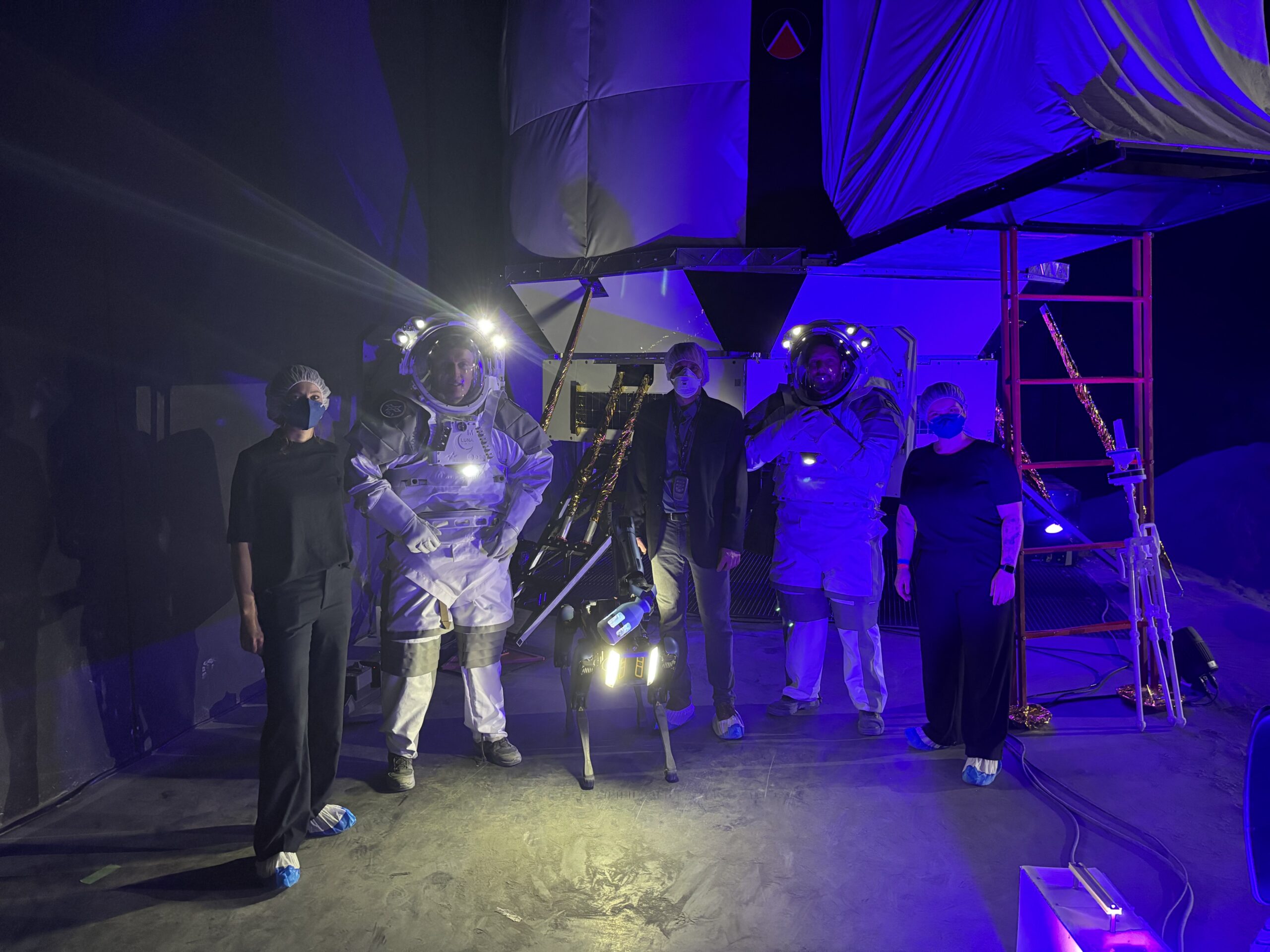 The robotics team – Sant, Thomas and Rute – with ESA astronauts Matthias Maurer and Thomas Pesquet, and Spot of course! Credit: ESA-Robotics team.