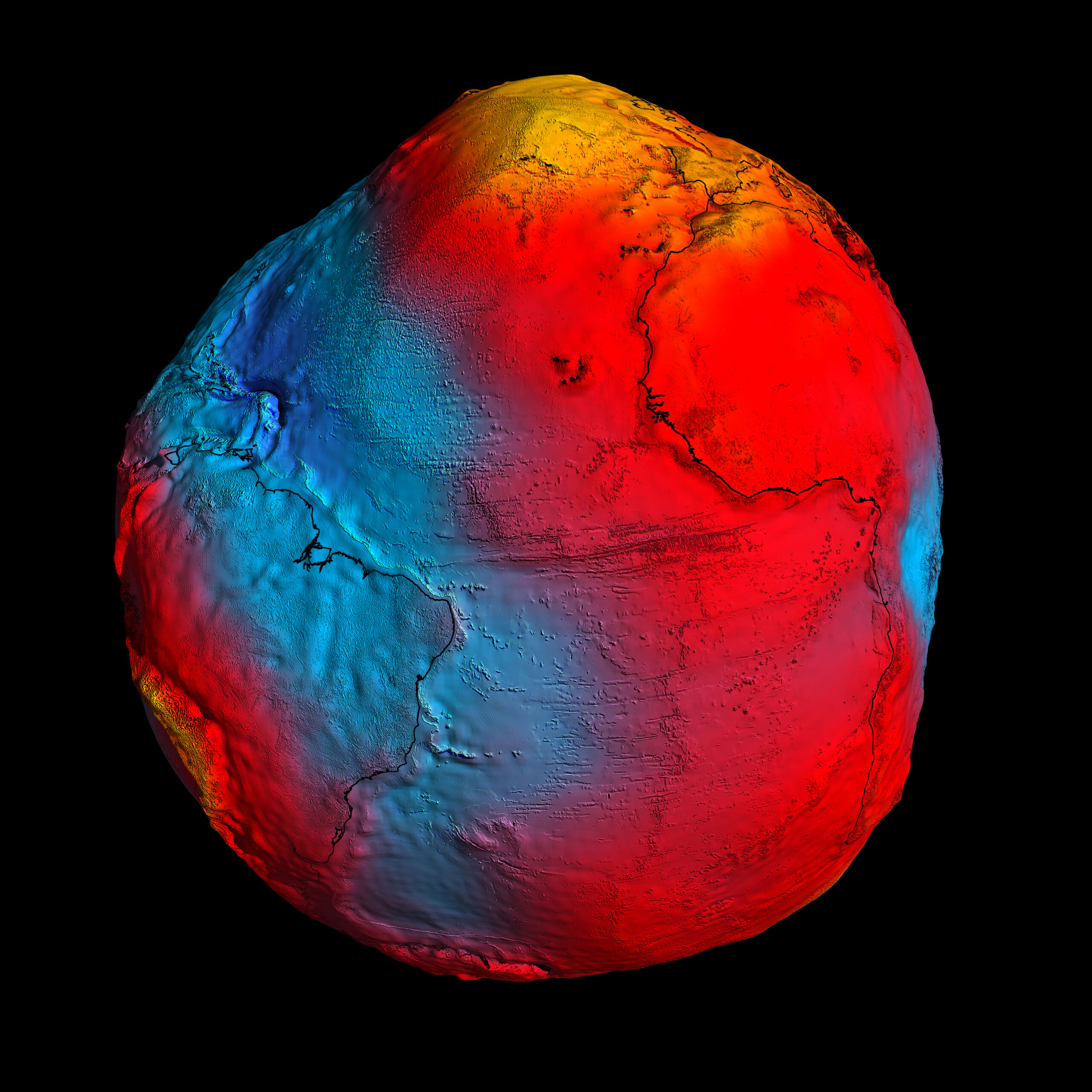 ESA's GOCE mission has delivered the most accurate model of the 'geoid' ever produced, which will be used to further our understanding of how Earth works.The colours in the image represent deviations in height (–100 m to +100 m) from an ideal geoid. The blue shades represent low values and the reds/yellows represent high values. Credit: ESA/HPF/DLR