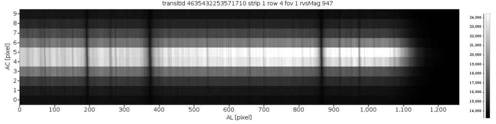 Figure 2: Example of a 2D RVS spectrum, extracted by Pasquale Panuzzo (OPM).  The three dark vertical lines are where calcium atoms in the atmosphere of this particular star have blocked starlight to form absorption lines in this star’s spectrum.  