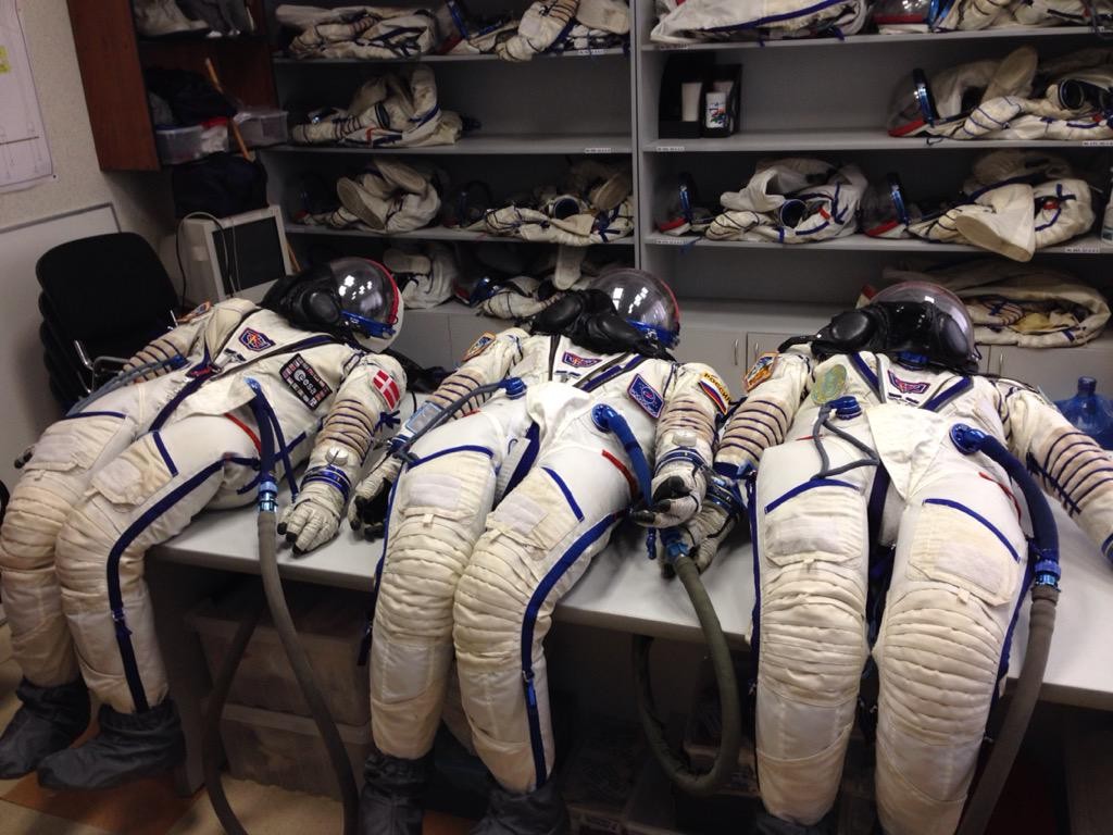 Drying spacesuits after Soyuz exam. Credits: ESA