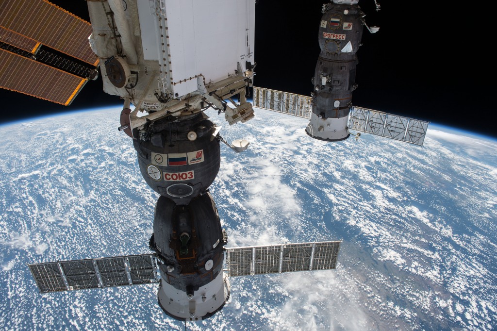 Soyuz with Progress spacecraft in background. Credits:ESA/NASA