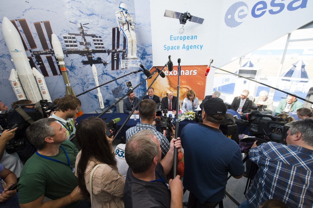Media Briefing of Jan Woerner, ESA Director General, and Igor Komarov, Head of the Russian Federal Space Agency (Roscosmos), on 26 August 2015, at the ESA chalet, MAKS international aviation and space show, in Zhukovsky near Moscow. Image Credit: ESA/S. Corvaja, 2015