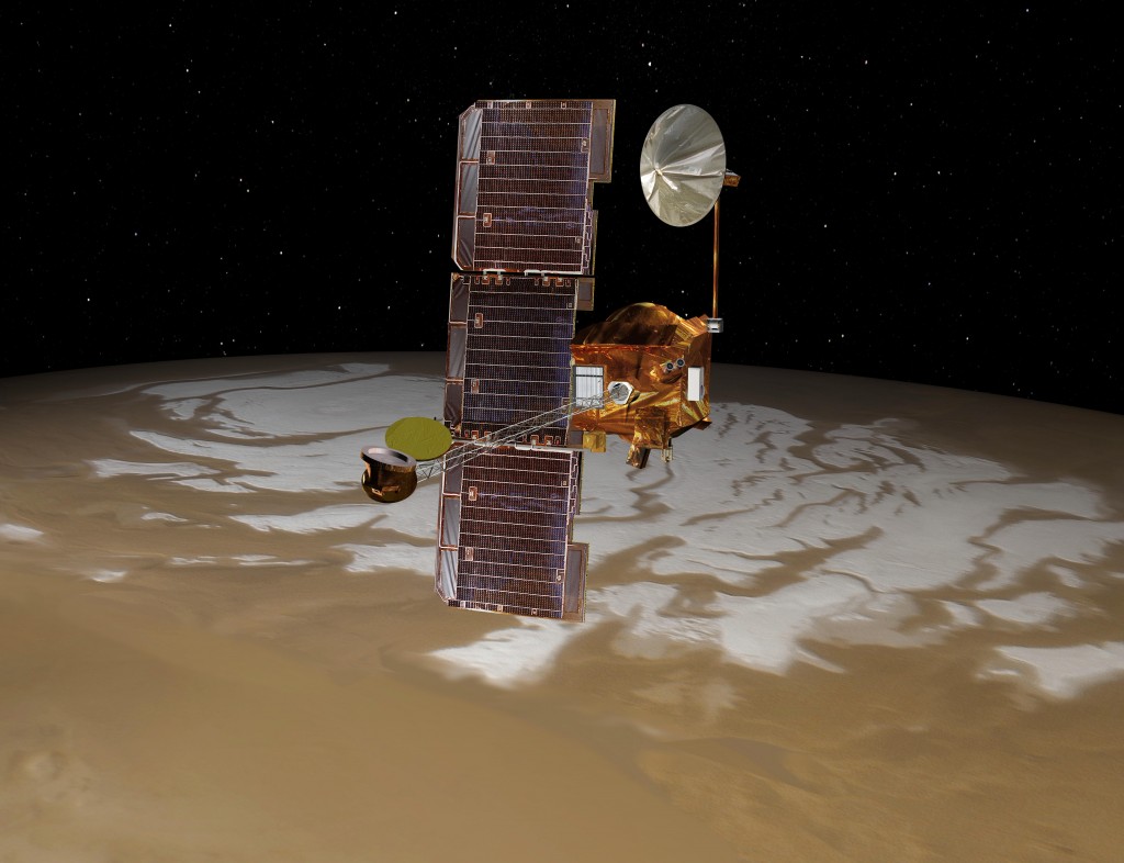 Odyssey over Mars' South Pole: NASA's Mars Odyssey spacecraft passes above Mars' south pole in this artist's concept illustration. The spacecraft has been orbiting Mars since October 24, 2001. Credit: NASA