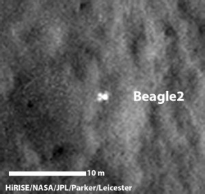 The UK-led Beagle-2 Mars lander, which hitched a ride on ESA’s Mars Express mission and was lost on Mars since 2003, has been found in images taken by NASA’s Mars Reconnaissance Orbiter. This close-up image has been sharpened to show possible details of the Beagle-2 lander on the surface of Mars.Credit: HiRISE/NASA/JPL/Parker/Leicester