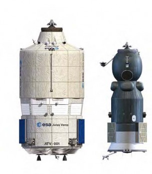 Comparison in size of ESA's ATV with the Russian Progress spacecraft.