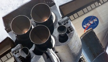 OMS-E engine on Space Shuttle (right). Credits: NASA