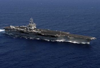 The aircraft carrier USS Enterprise (CVN 65) cruises underway in the Atlantic Ocean with her embarked Carrier Air Wing One (CVW-1).