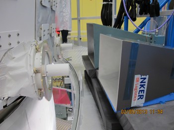 Photo showing the radio frequency (RF) interface between the test connections (square horns shown at right) and the actual ATV-5 receiving antennas (left). Credit: Astrium