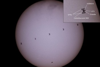 An excellent solar transit view of the ISS clearly showing ESA's Columbus science module, ATV-4, Japan's Kibo module and the Zvezda module. SPA: solar array panels. Credit: Yoshiaki Sakai