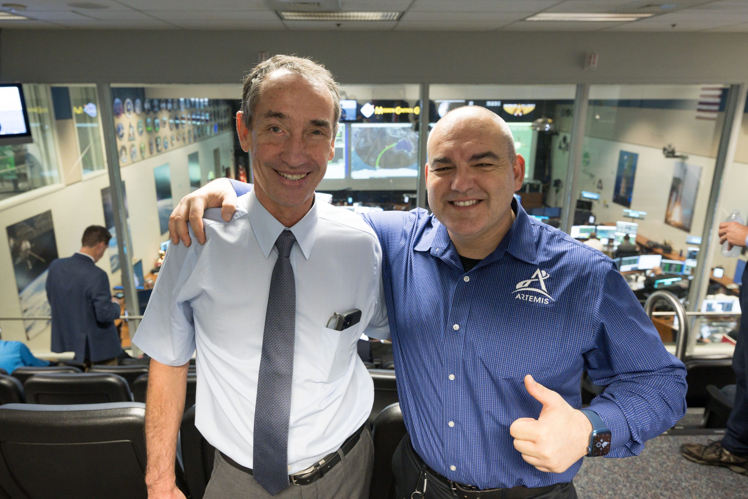 Philippe Deloo and Carlos Garcia-Galan at the NASA Houston Mission Control Center during Artemis I Credit: ESA