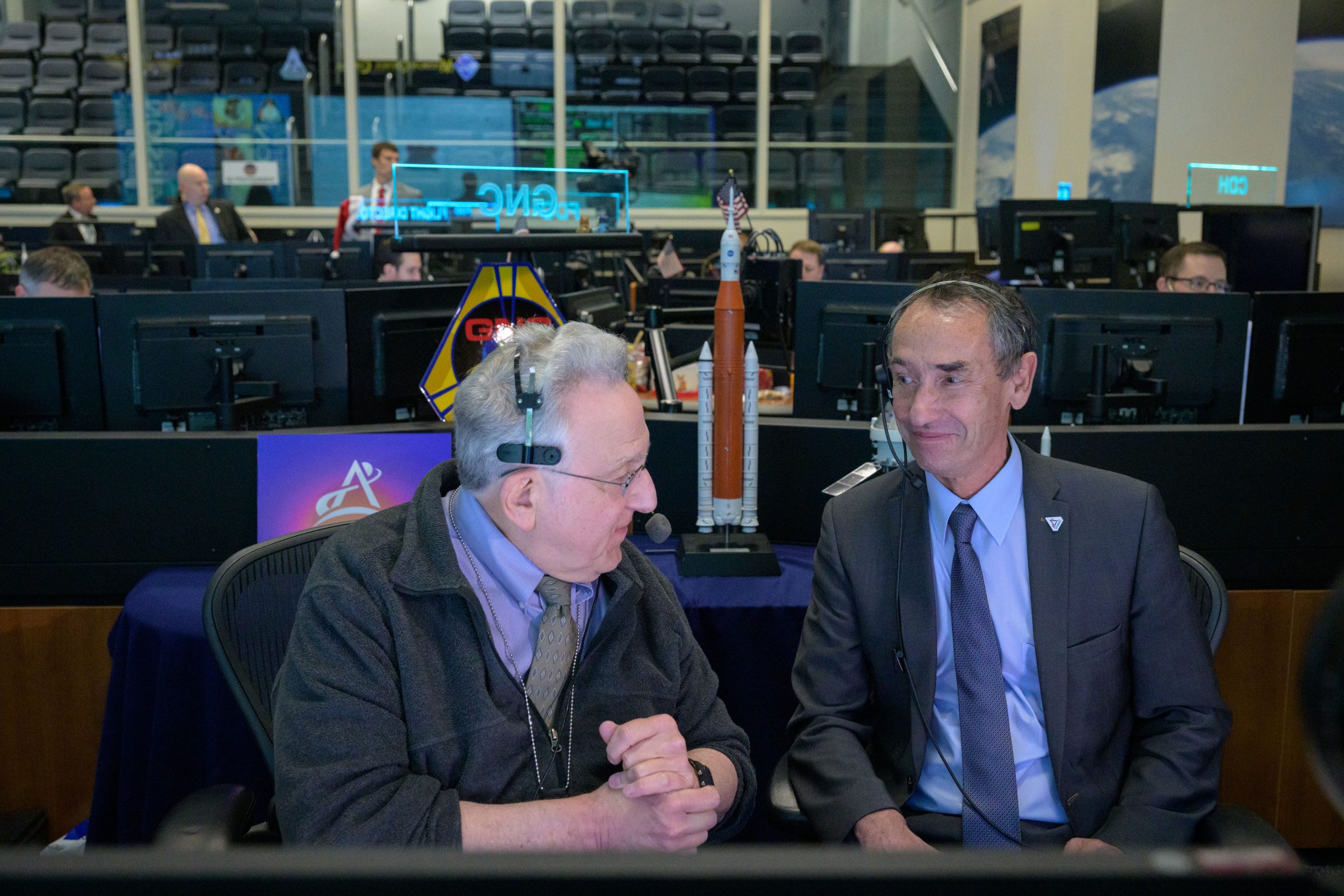 Philippe Deloo speaking with Rob Navias for NASA TV during the Artemis I mission Credit: NASA