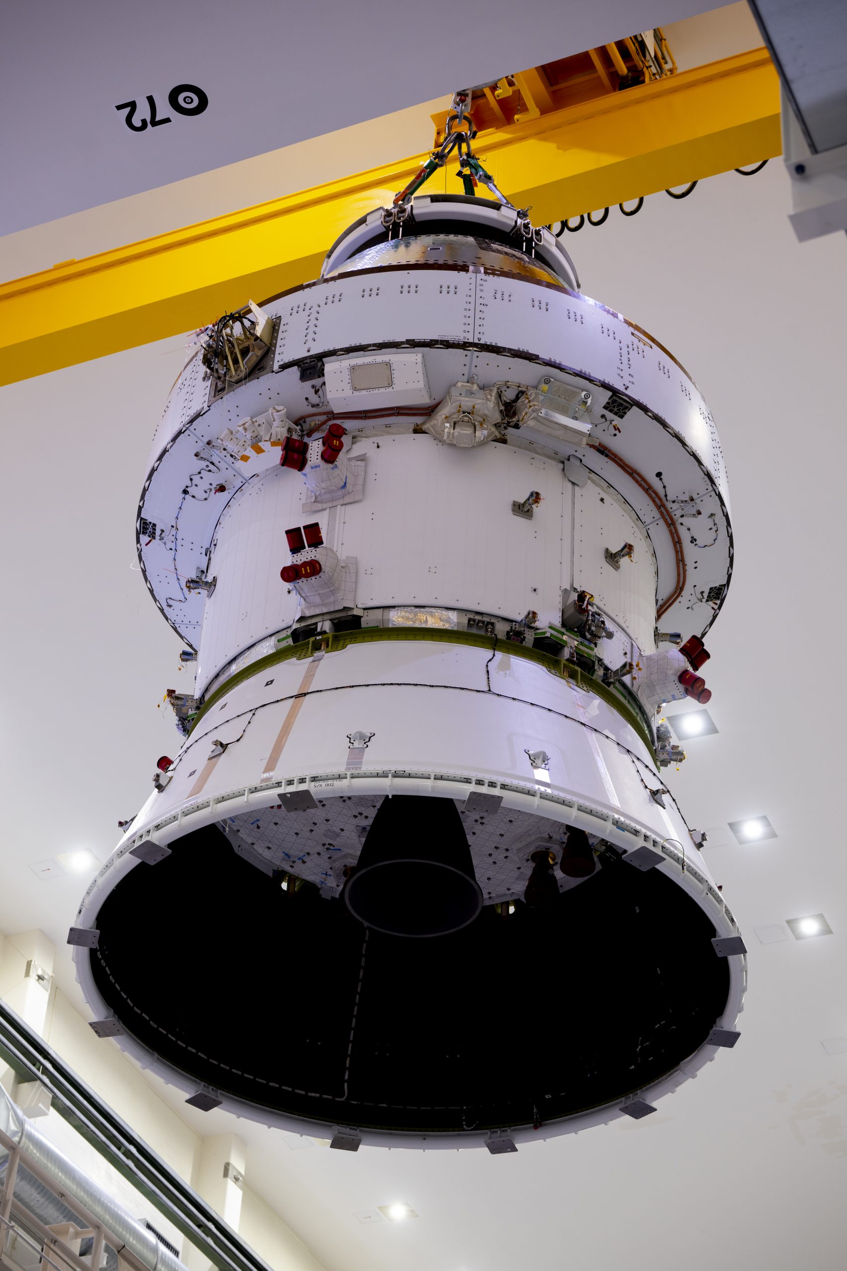 The Orion vehicle that will bring astronauts around the Moon and back for the first time in over 50 years was recently tested in a refurbished altitude chamber used during the Apollo era. The Orion stack, made of the crew module, crew module adapter, the second European Service Module and spacecraft adapter, was lifted into one of two altitude chambers on 4 April at the Neil Armstrong Operations and Checkout Building at the Kennedy Space Center, Florida, USA. Credit: ESA-S. Corvaja