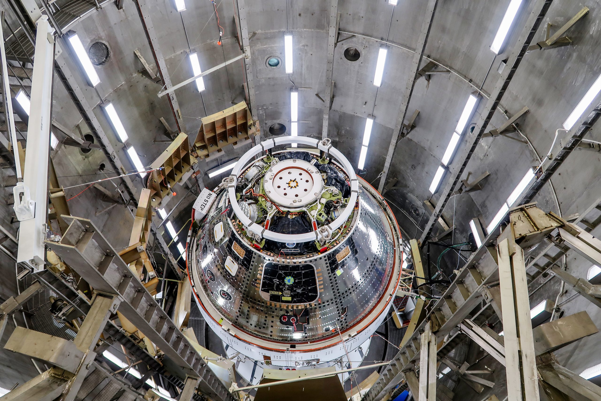 On April 10, 2024, the Artemis II Orion spacecraft is seen inside the west altitude chamber in the Operations and Checkout Building at NASA's Kennedy Space Center in Florida, where it will undergo electromagnetic interference and compatibility testing. Credit: NASA-D. Wellendorf