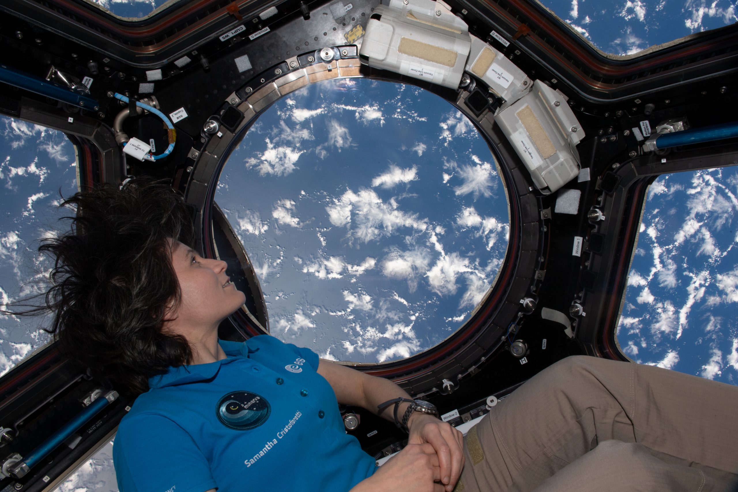 ESA astronaut Samantha Cristoferetti in the European-built Cupola on the International Space Station during her Minerva mission. Credit: ESA/NASA