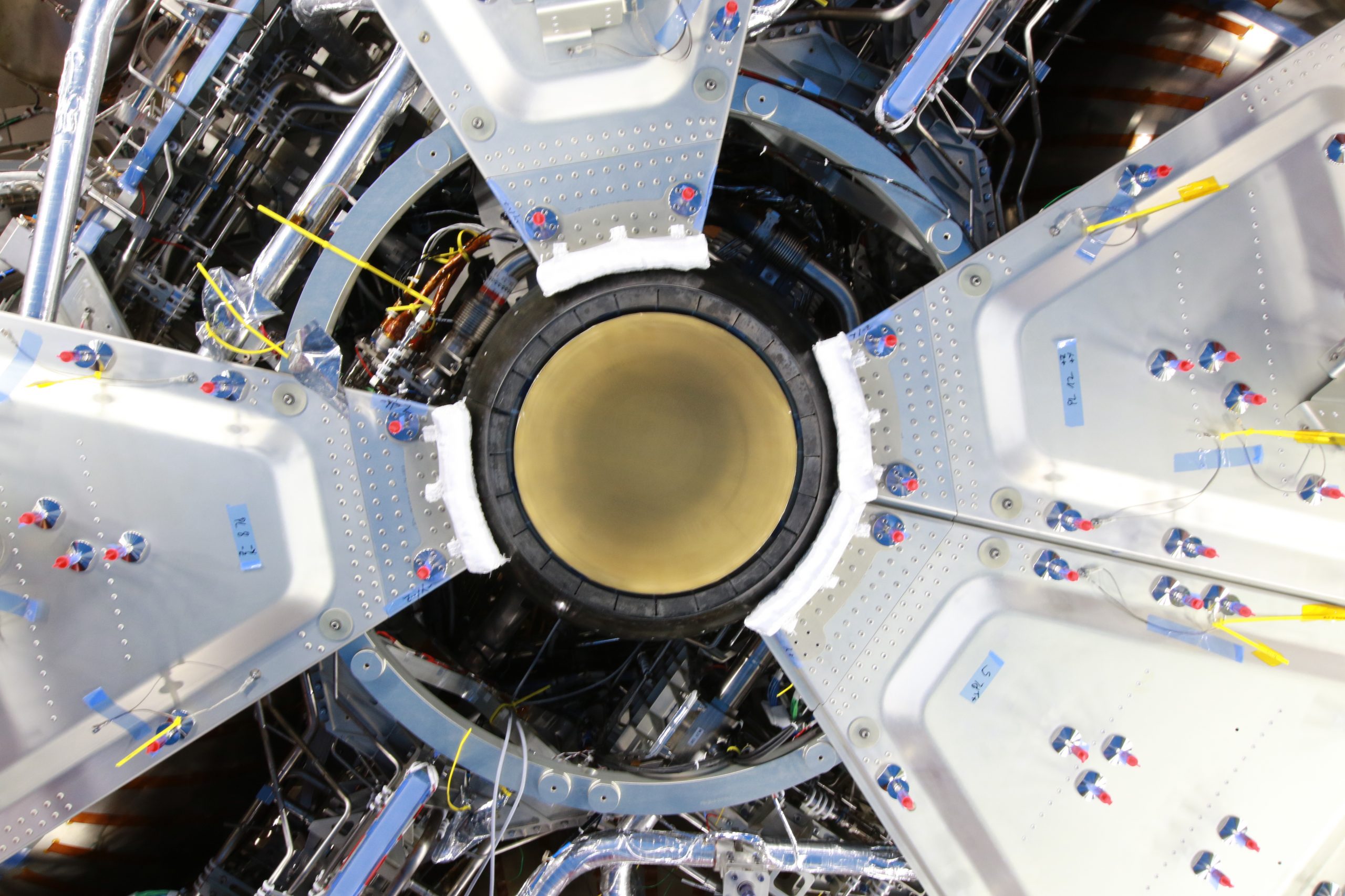 Installation of the third European Service Module's main engine at Airbus Space in Bremen, Germany. Credit: Airbus