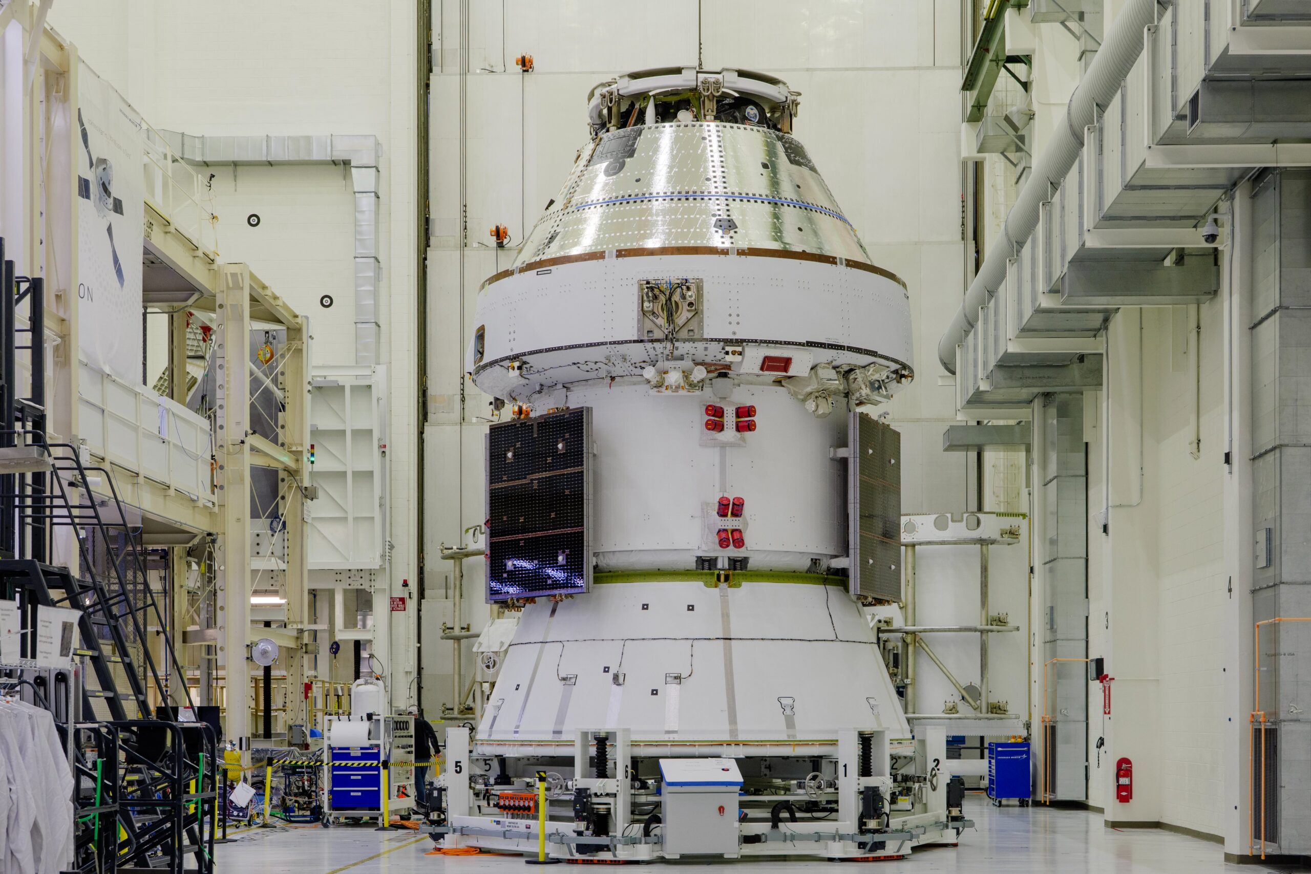 Solar arrays installed on NASA's Artemis II Orion spacecraft inside the Operations and Checkout Building at NASA's Kennedy Space Center, early March 2025. Credit: NASA