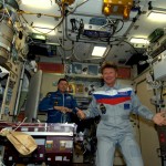 Gennady and Sergei after arrival with their Soyuz spacecraft (Credit: ESA/NASA)
