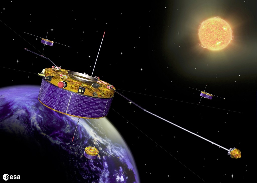 Cluster satellites study the effects of solar wind. Credit: ESA