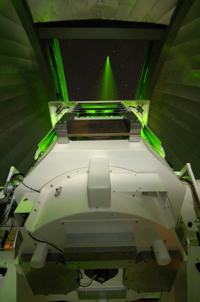 NASA’s Lunar Lasercom Optical Communications Telescope Laboratory (OCTL) Terminal, sending a laser beam to the Moon. Image: NASA