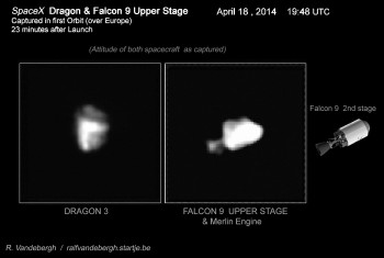 SpaceX Dragon & Falcon 9 upper stage seen 23 minutes after launch on 18 April 2014. Image credit & copyright: R. Vandebergh /ralfvandebergh.startje.be