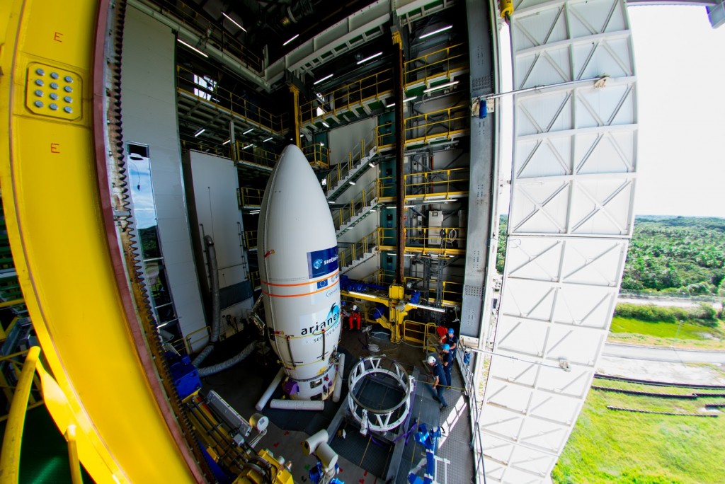The VV05 Vega fairing holding the Sentinel-2A satellite in the launch gantry at Europe’s Spaceport in Kourou, French Guiana. Credit: ESA–M. Pédoussaut