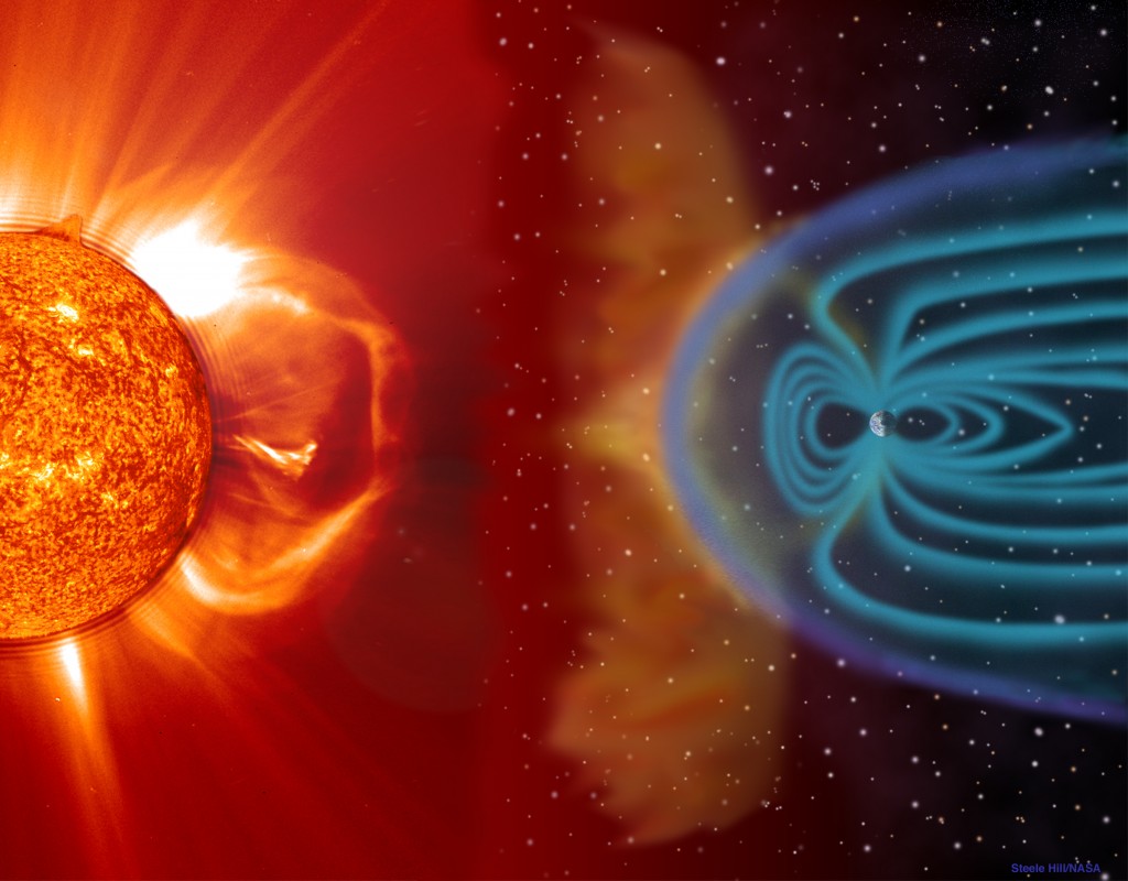 This illustration shows a CME blasting off the Sun's surface in the direction of Earth (objects are not drawn to scale). Credit: SOHO/LASCO/EIT (ESA & NASA)
