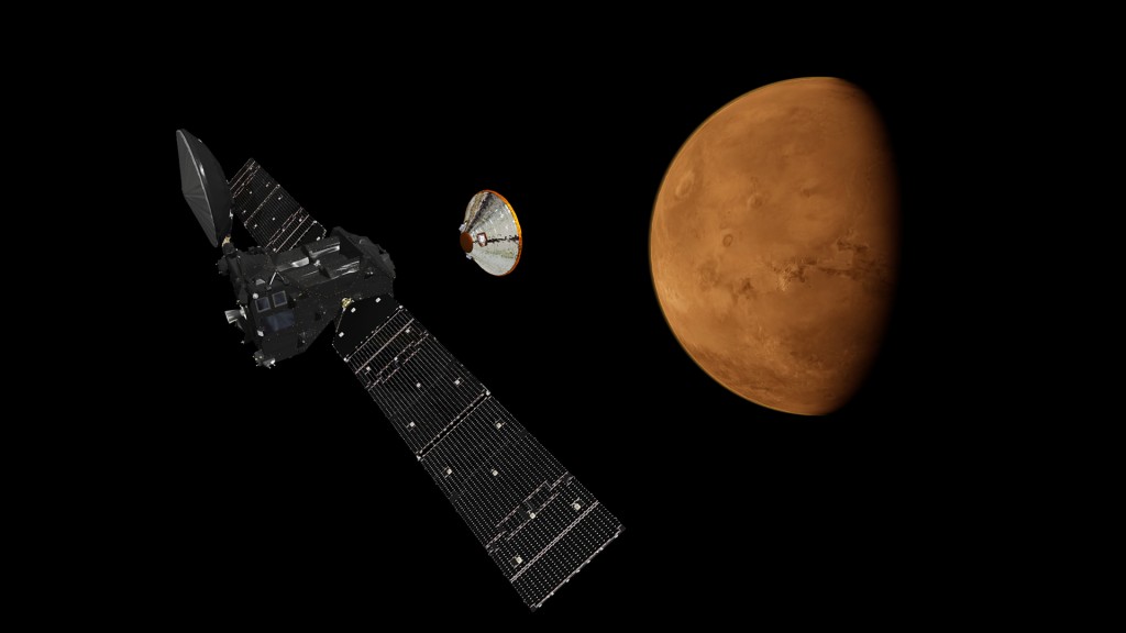 Artist’s impression depicting the separation of the ExoMars 2016 entry, descent and landing demonstrator module, named Schiaparelli, from the Trace Gas Orbiter, and heading for Mars. Credit: ESA/ATG medialab