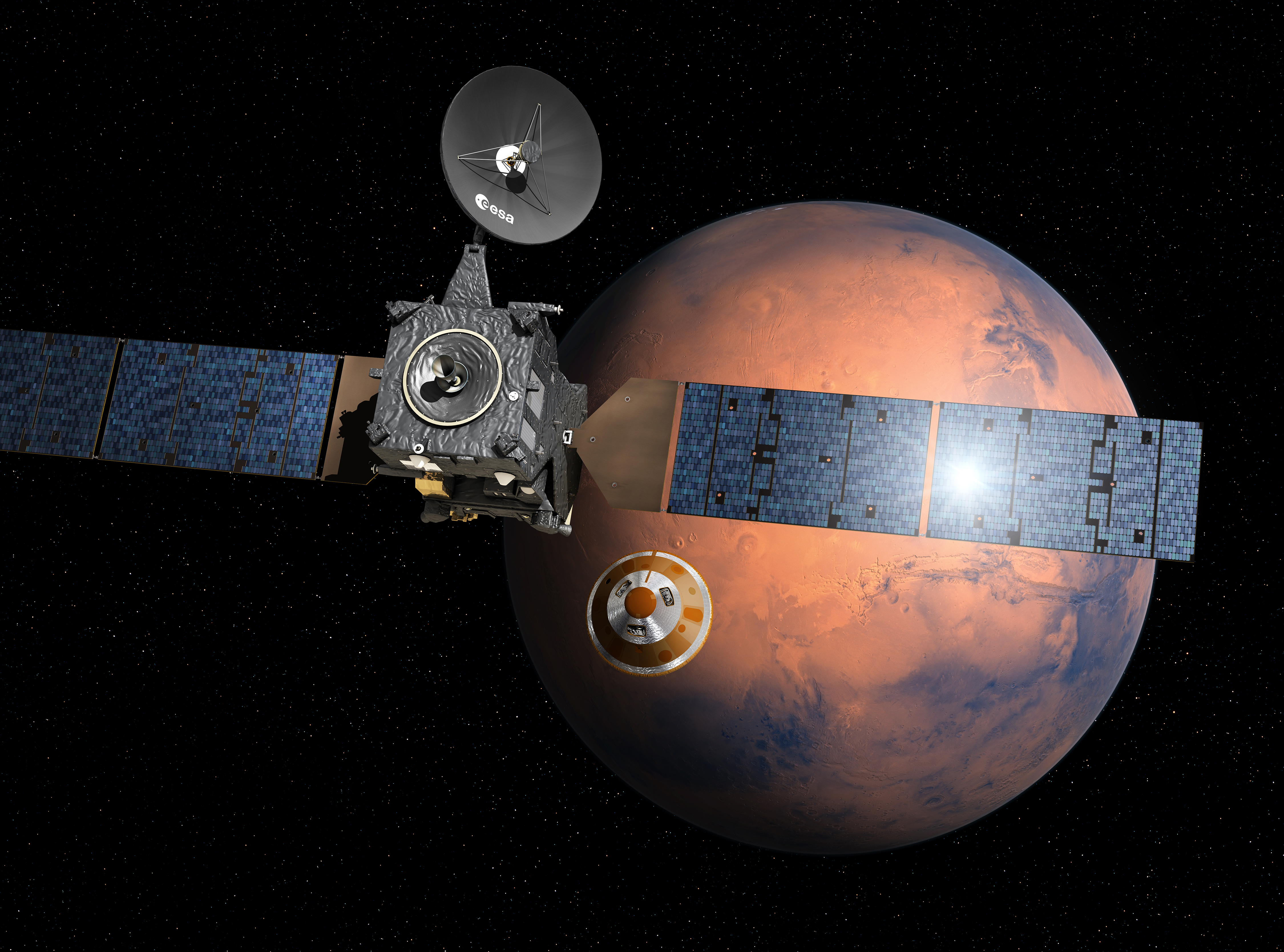 Artist’s impression depicting the separation of the ExoMars 2016 entry, descent and landing demonstrator module, named Schiaparelli, from the Trace Gas Orbiter, and heading for Mars. TGO will be launched in 2016 with Schiaparelli, the entry, descent and landing demonstrator module. It will search for evidence of methane and other atmospheric gases that could be signatures of active biological or geological processes on Mars. TGO will also serve as a communications relay for the rover and surface science platform that will be launched in 2018. Credit: ESA–D. Ducros