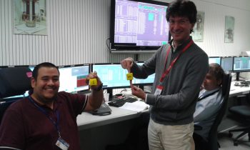  Jose Mendes and visiting scientist Daniele Bortoluzzi discussing what the test masses are doing as we perform repeated release attempts. Credit: ESA