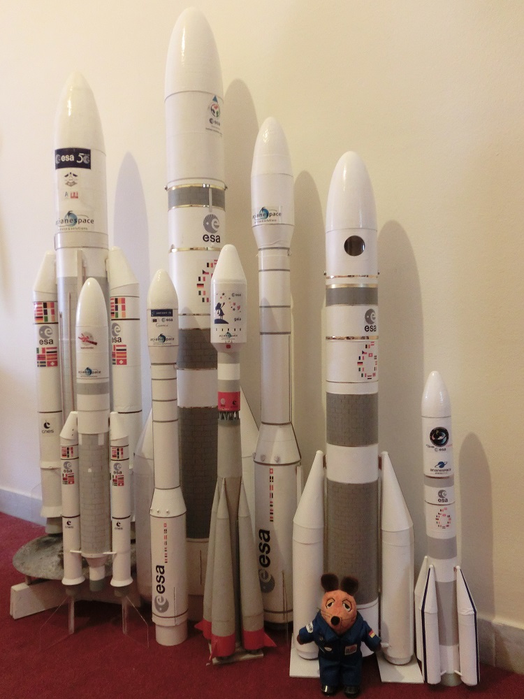 Holger Voss' collection of scaled ESA launcher models. Five models were selected for the exhibition at ESOC. Credit: H. Voss