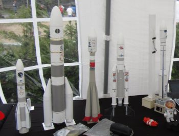 Scaled ESA launcher models (L to R): Ariane 64 (1:144), Ariane 62 (1:72) with on-board camera system, Soyuz 2 (1:72), Ariane 5 ECA (1:100) and Vega (1:50) with flame trench and service tower. Image credit: Alessandro Ercolani
