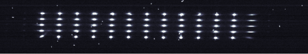 A WFS snapshot captured during normal space weather conditions showing multiple images of a bright star in a grid pattern and a small number of particle tracks (light dots). Credit: ESA