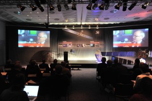 ESA Director General Jean-Jacques Dordain on the big screen at ESOC (image (c) ESA/J.Mai)