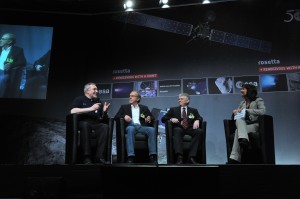 Dr. Gerhard Schwehm (former Rosetta Mission Manager, ESA), Dr. Gerhard Drolshagen (ESA's SSA Programme Manager), and Dr. Norbert Pailer (Airbus Defence and Space, Friedrichshafen,  Germany) talking about Rosetta, comets and asteroids with moderator Monika Jones. (image (c) ESA/J.Mai)