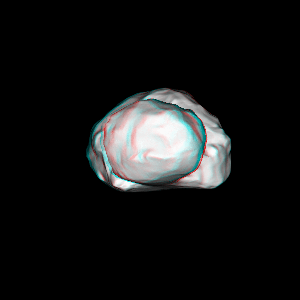 Use red-green/blue '3D' glasses to enjoy this version of the latest shape model. Credits: ESA/Rosetta/MPS for OSIRIS Team MPS/UPD/LAM/IAA/SSO/INTA/UPM/DASP/IDA